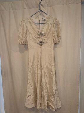 LK Bennett Cream Midi Dress with Puff Sleeves and Bow Details